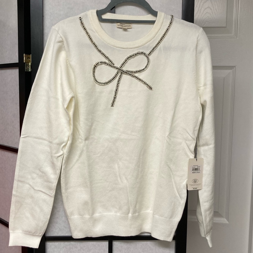 NWT Laura Ashley Rhinestone Bow Sweater. Off white w/Black & Clear Rhinestones